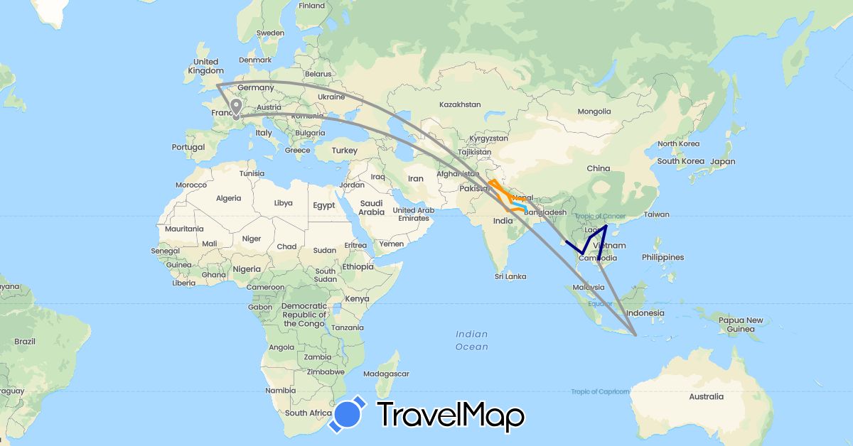 TravelMap itinerary: driving, plane, boat, hitchhiking in France, India, Cambodia, Laos, Nepal, Thailand, Vietnam (Asia, Europe)